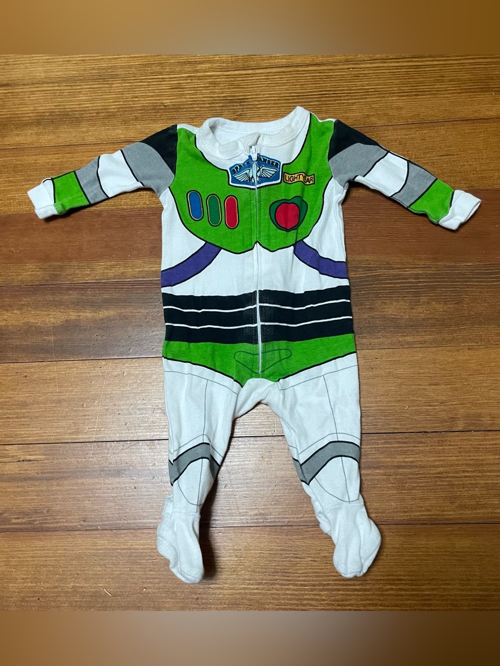 Disney Buzz Lightyear Green, White and Purple Baby One-Piece Footie Size 0-3 Mon
